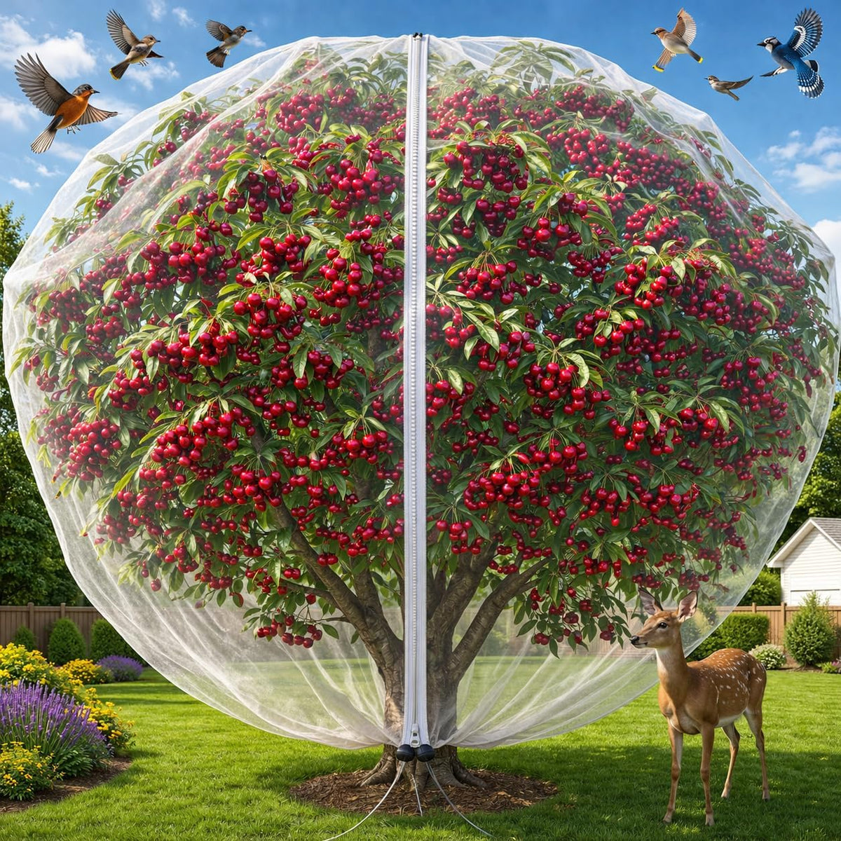 2Pcs 10X10ft Fruit Tree Netting Covers for Birds and Squirrels –Bird Nets for Fruit Trees with Zipper and Drawstring, Extra Large Durable Mesh Garden Netting to Protect Fruit Trees