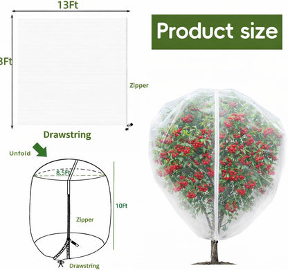 2Pcs 10X10ft Fruit Tree Netting Covers for Birds and Squirrels –Bird Nets for Fruit Trees with Zipper and Drawstring, Extra Large Durable Mesh Garden Netting to Protect Fruit Trees