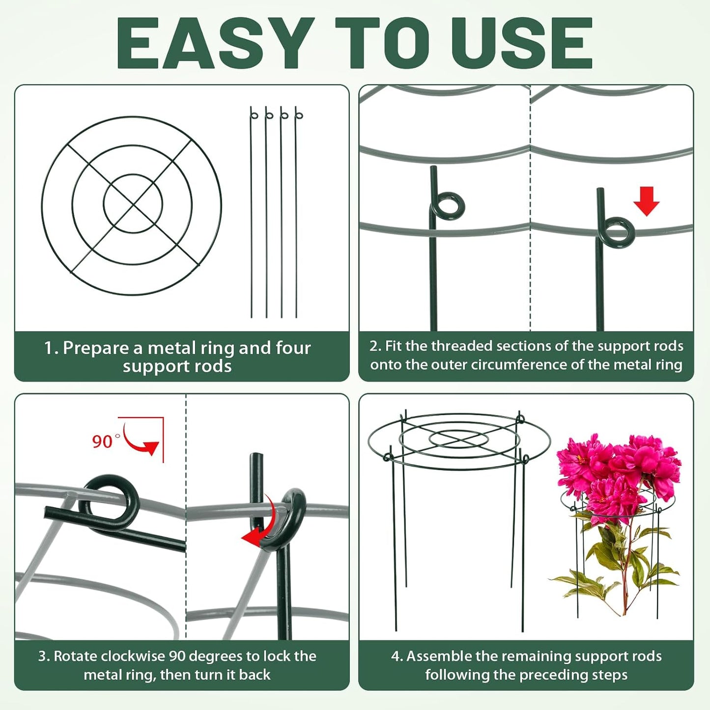 8 Pack Heavy Duty Metal Peony Cage and Supports, 4 Legs Plant Support Ring for Outdoor Plants Rose Sage Peonies Cucumbers Tomato Strawberry(11.8" Dx16 H)