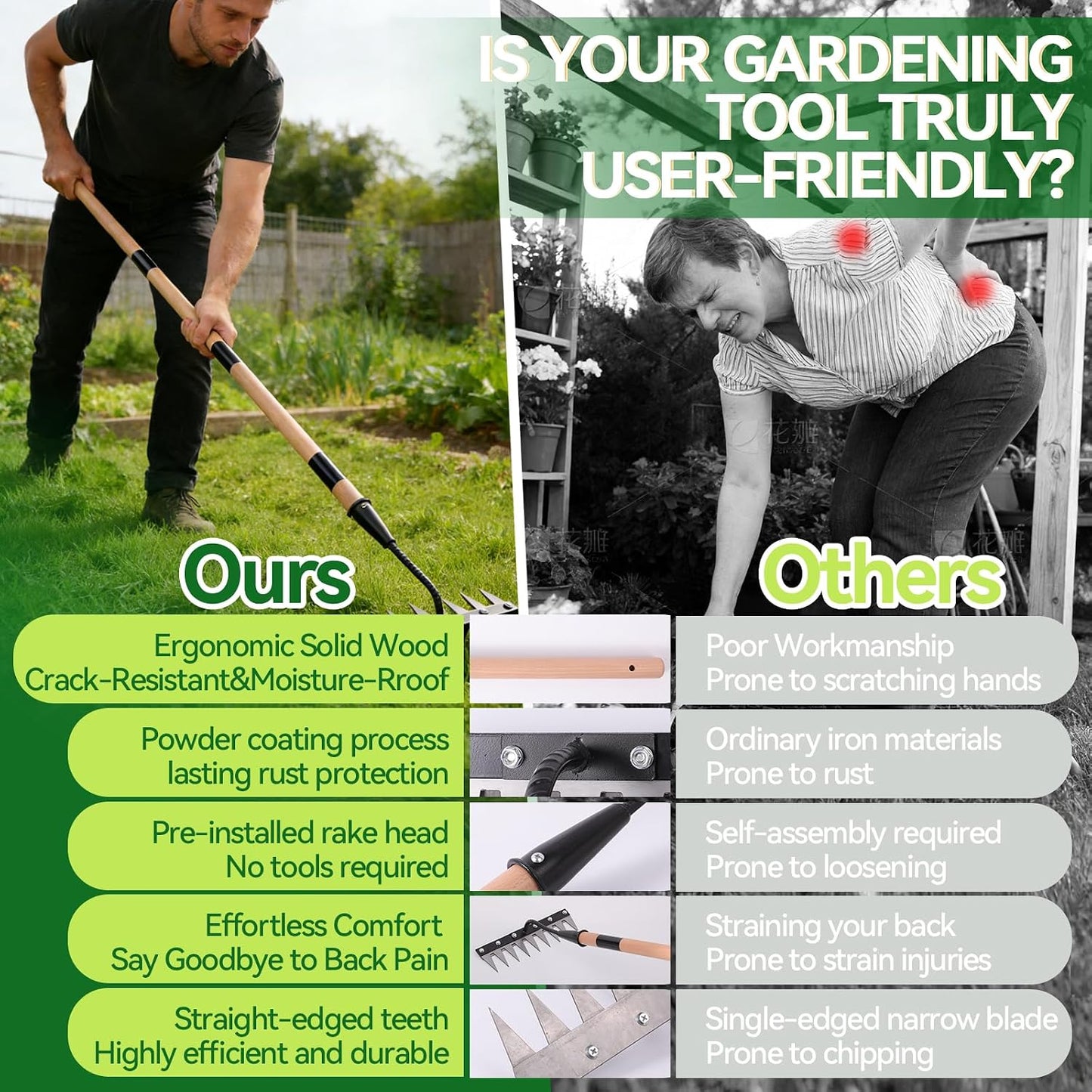 Gardenia 9-Tine Iron Weeding Rake, Heavy Duty Weed Puller for Garden Soil