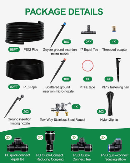 Drip Irrigation System for Garden, 180FT Tubing