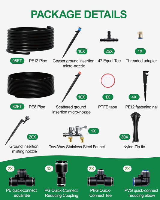Drip Irrigation System for Garden, 180FT Tubing