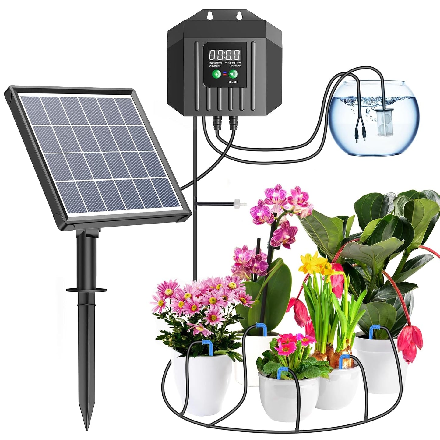 3W Solar Drip Irrigation System, Digital Programmable Smart Watering Kit with 2200mAh Battery for 15 Potted Plants Indoor/Outdoor Use
