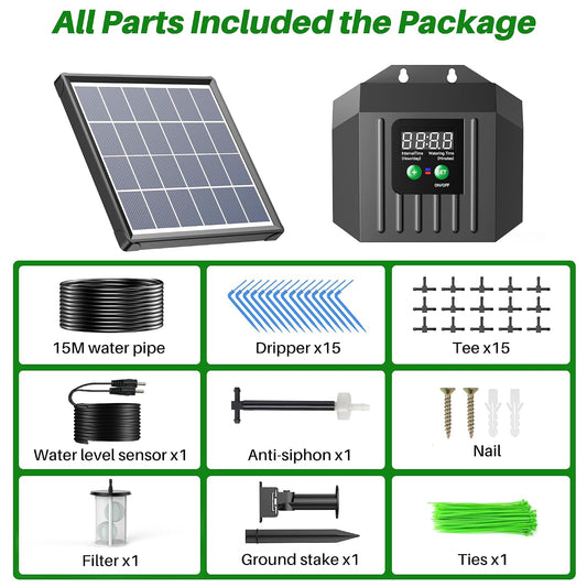 3W Solar Drip Irrigation System, Digital Programmable Smart Watering Kit with 2200mAh Battery for 15 Potted Plants Indoor/Outdoor Use