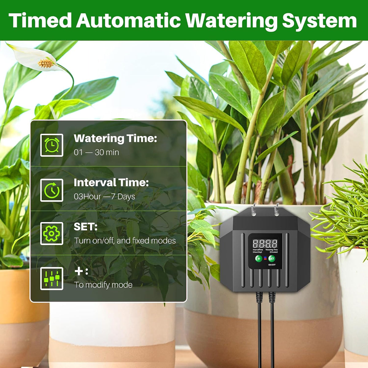 3W Solar Drip Irrigation System, Digital Programmable Smart Watering Kit with 2200mAh Battery for 15 Potted Plants Indoor/Outdoor Use