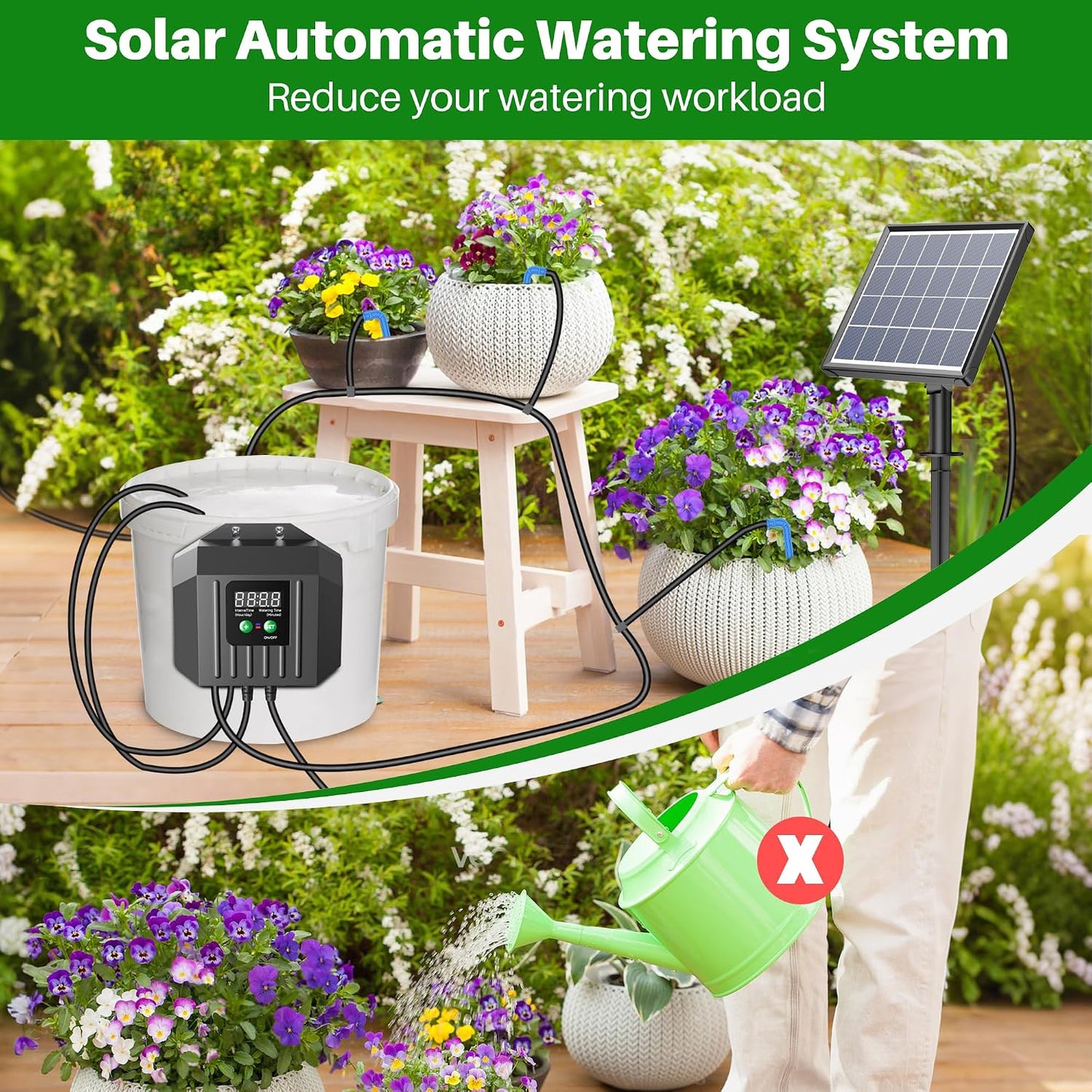 3W Solar Drip Irrigation System, Digital Programmable Smart Watering Kit with 2200mAh Battery for 15 Potted Plants Indoor/Outdoor Use