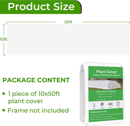 Covers Freeze Protection, 10x50FT Frost Cloth Plant Freeze Protection, Garden Floating Row Covers for Raised Beds/Vegetables Insect/Winter Frost (White)