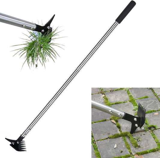 Weed Puller 61" Adjustable Long Handle, 2-in-1 Weed Rake & Crack Weeder with Detachable Head, Stainless Steel Weeding Tool for Lawn, Yard, Garden & Sidewalk Cracks, Weed Remover
