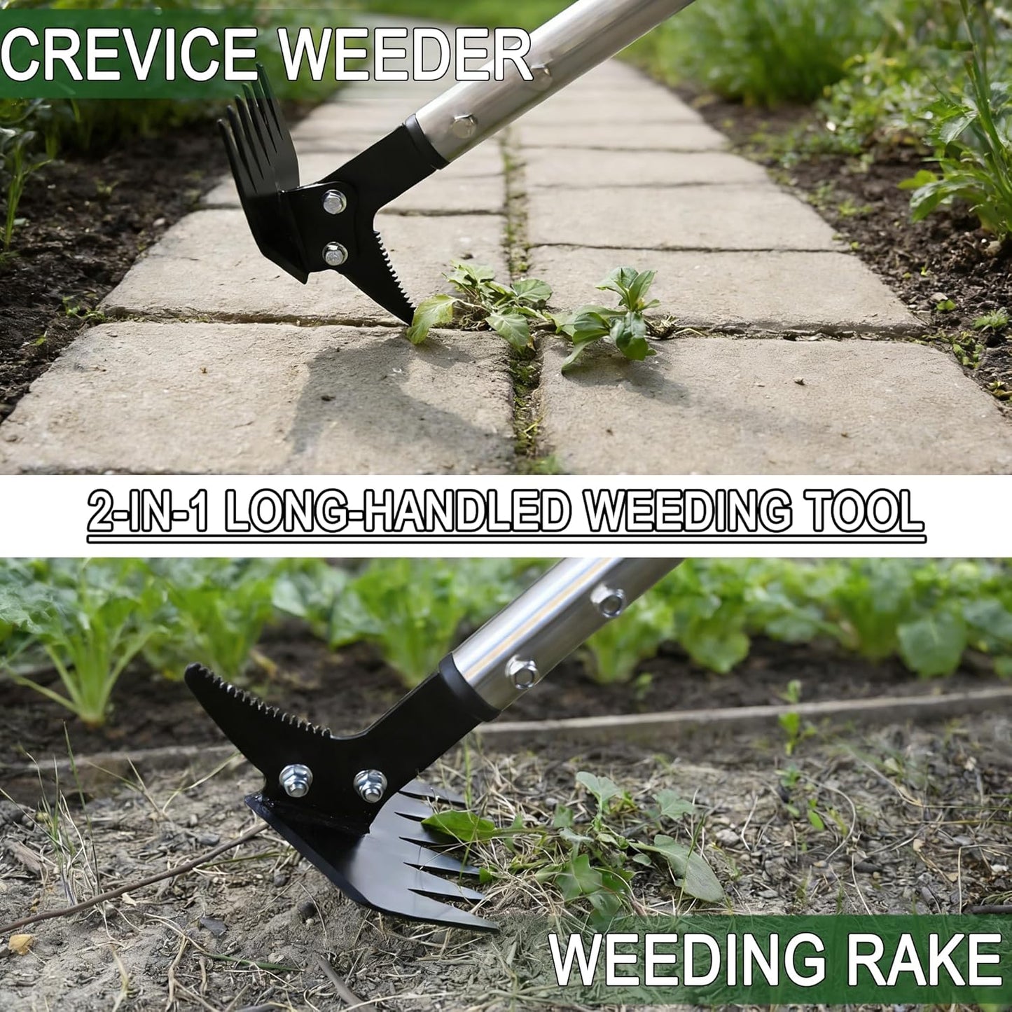 Weed Puller 61" Adjustable Long Handle, 2-in-1 Weed Rake & Crack Weeder with Detachable Head, Stainless Steel Weeding Tool for Lawn, Yard, Garden & Sidewalk Cracks, Weed Remover