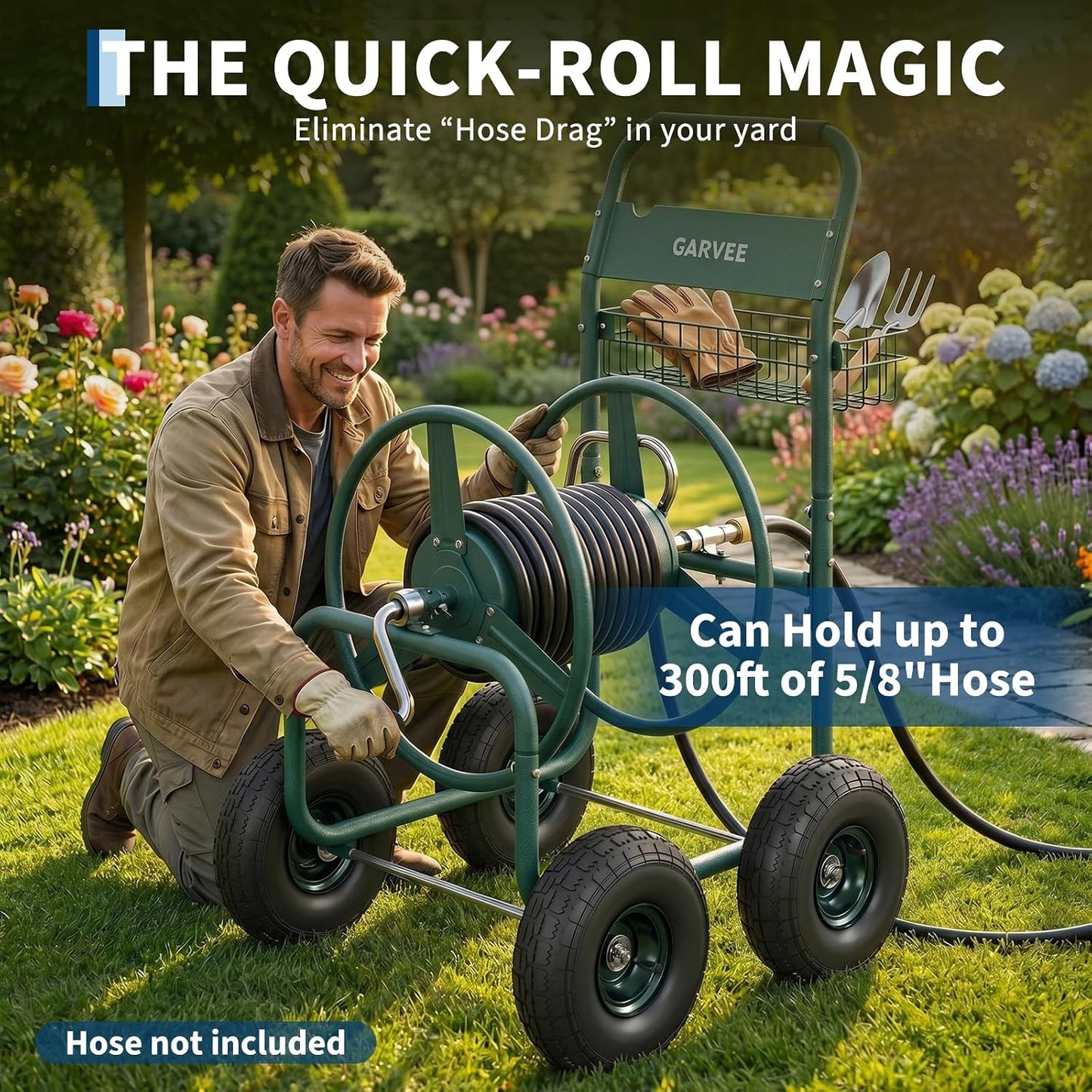 Garden Hose Reel Cart with Wheels, Hold Up to 300 ft of 5/8" Hose