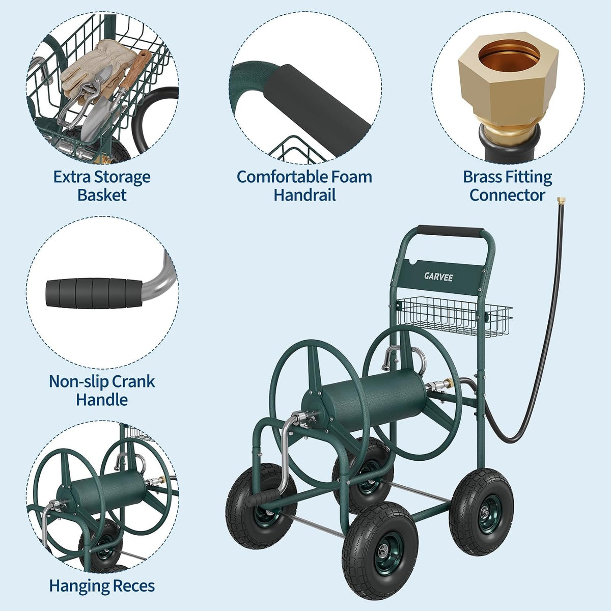 Garden Hose Reel Cart with Wheels, Hold Up to 300 ft of 5/8" Hose