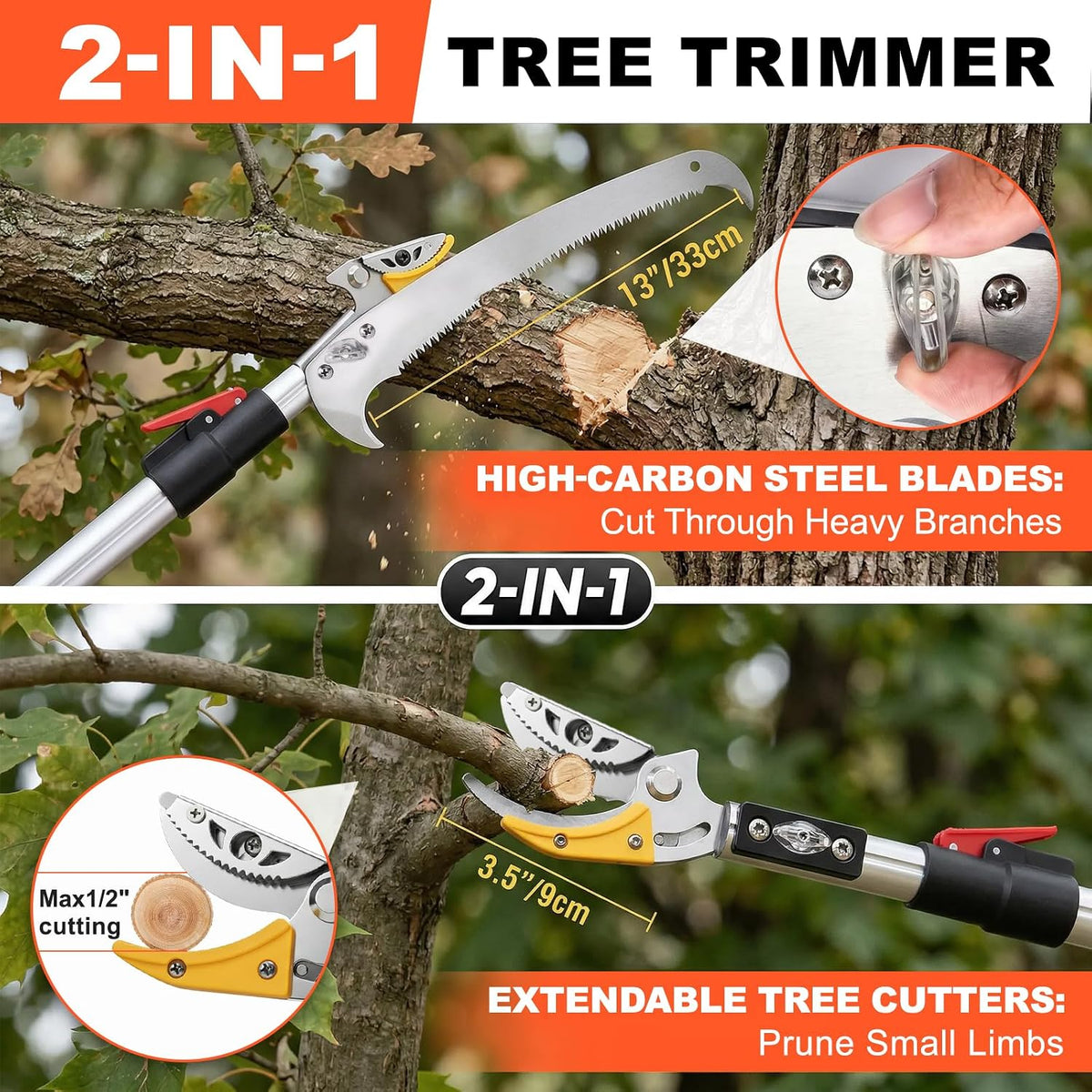 10FT Telescopic Pole Pruner, Extendable Tree Pruner with Fruit Picker