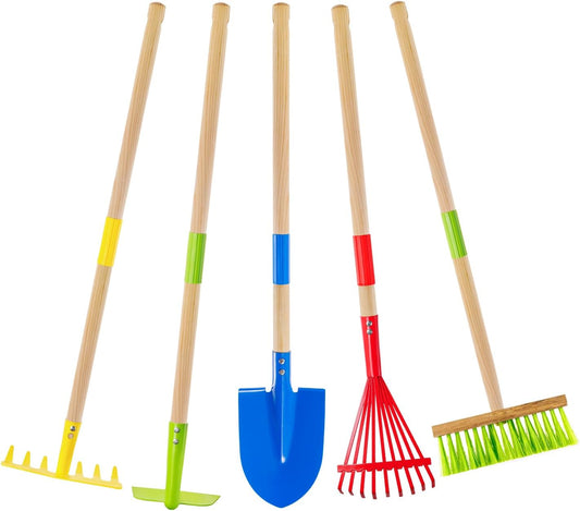 Kids Garden Tool Set 5pcs, Toddler Hoe Rake Shovel Leaf Rake Broom