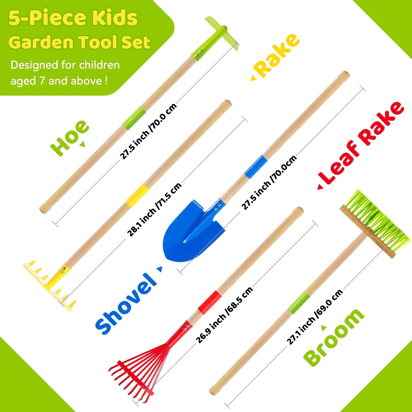 Kids Garden Tool Set 5pcs, Toddler Hoe Rake Shovel Leaf Rake Broom