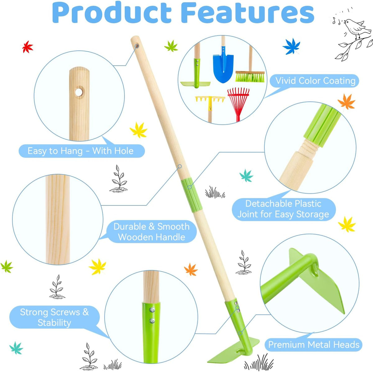 Kids Garden Tool Set 5pcs, Toddler Hoe Rake Shovel Leaf Rake Broom