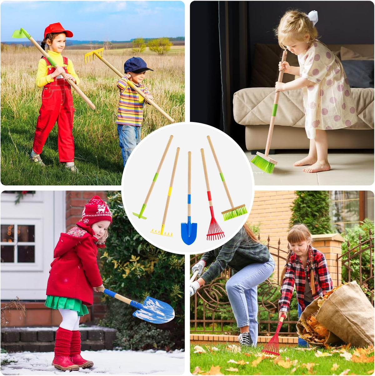 Kids Garden Tool Set 5pcs, Toddler Hoe Rake Shovel Leaf Rake Broom