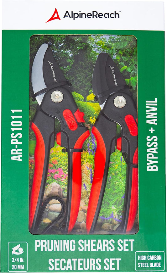 Pruning Shears Set Bypass and Anvil for Gardening, Sharp Ergonomic Pruners, Adjustable Soft Handle for Small & Large Hands, Heavy Duty High Carbon Steel Blade, Secateurs, Gift Box