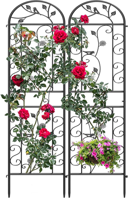 2-Pack 87" x 20" Daisy & Bird Arch Black Metal Garden Trellises
