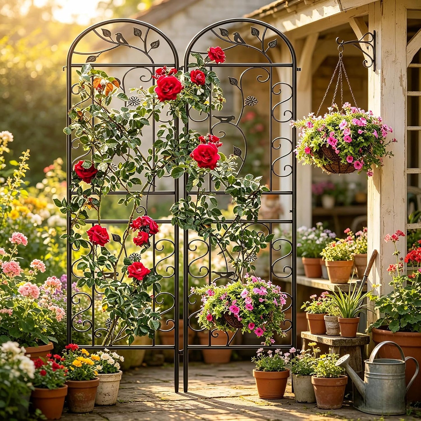 2-Pack 87" x 20" Daisy & Bird Arch Black Metal Garden Trellises
