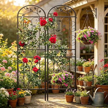 2-Pack 87" x 20" Daisy & Bird Arch Black Metal Garden Trellises