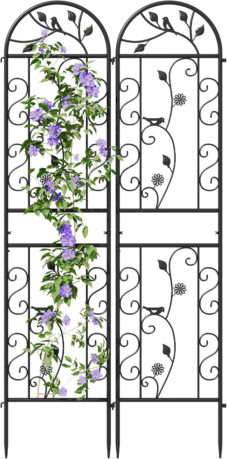 2-Pack 87" x 20" Daisy & Bird Arch Black Metal Garden Trellises