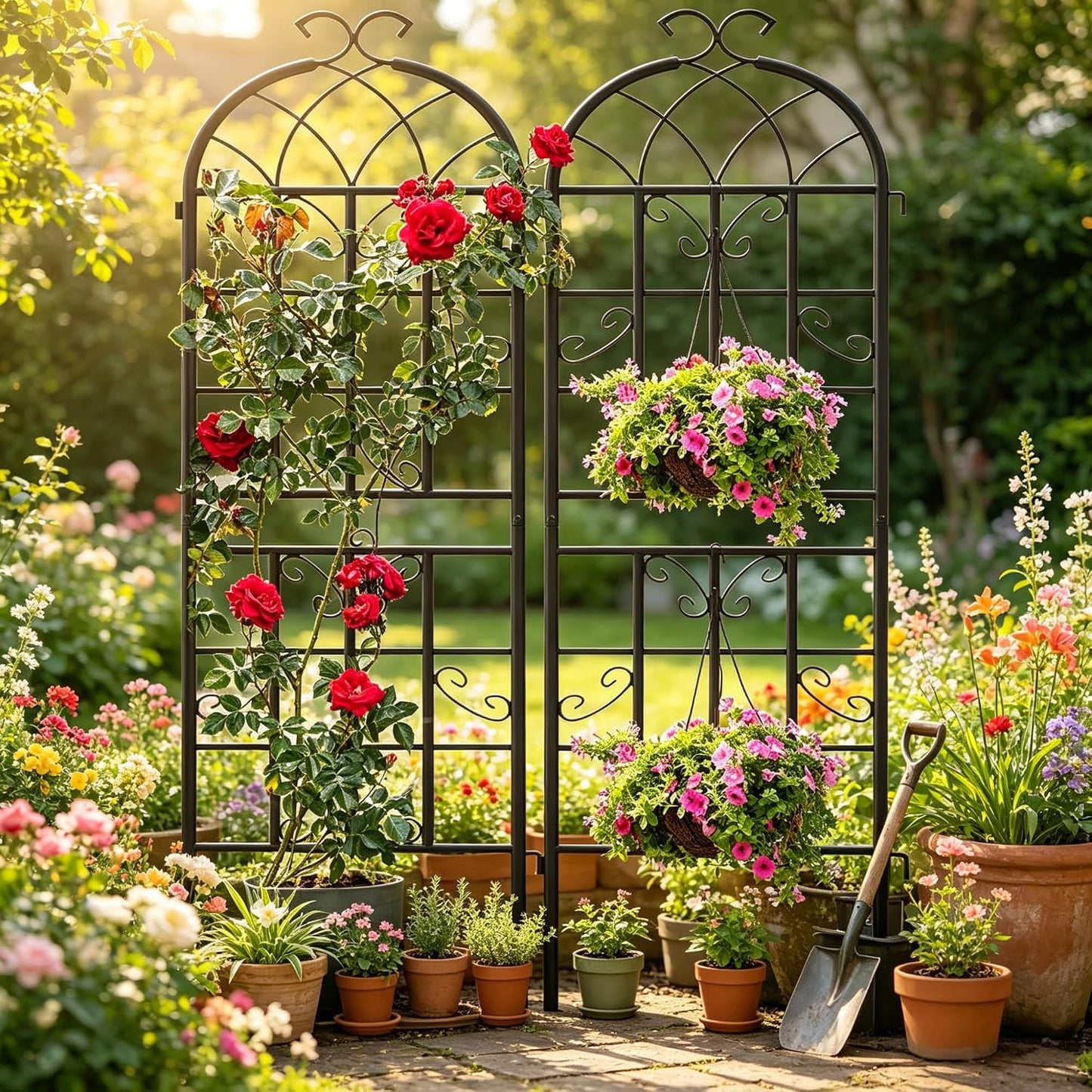 2-Pack 87" x 20" Daisy & Bird Arch Black Metal Garden Trellises