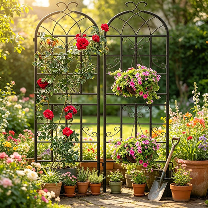 2-Pack 87" x 20" Daisy & Bird Arch Black Metal Garden Trellises