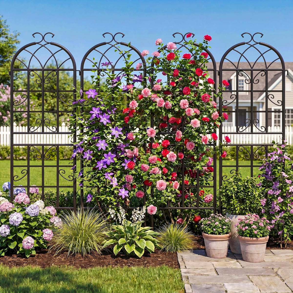 2-Pack 87" x 20" Daisy & Bird Arch Black Metal Garden Trellises