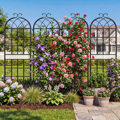 2-Pack 87" x 20" Daisy & Bird Arch Black Metal Garden Trellises
