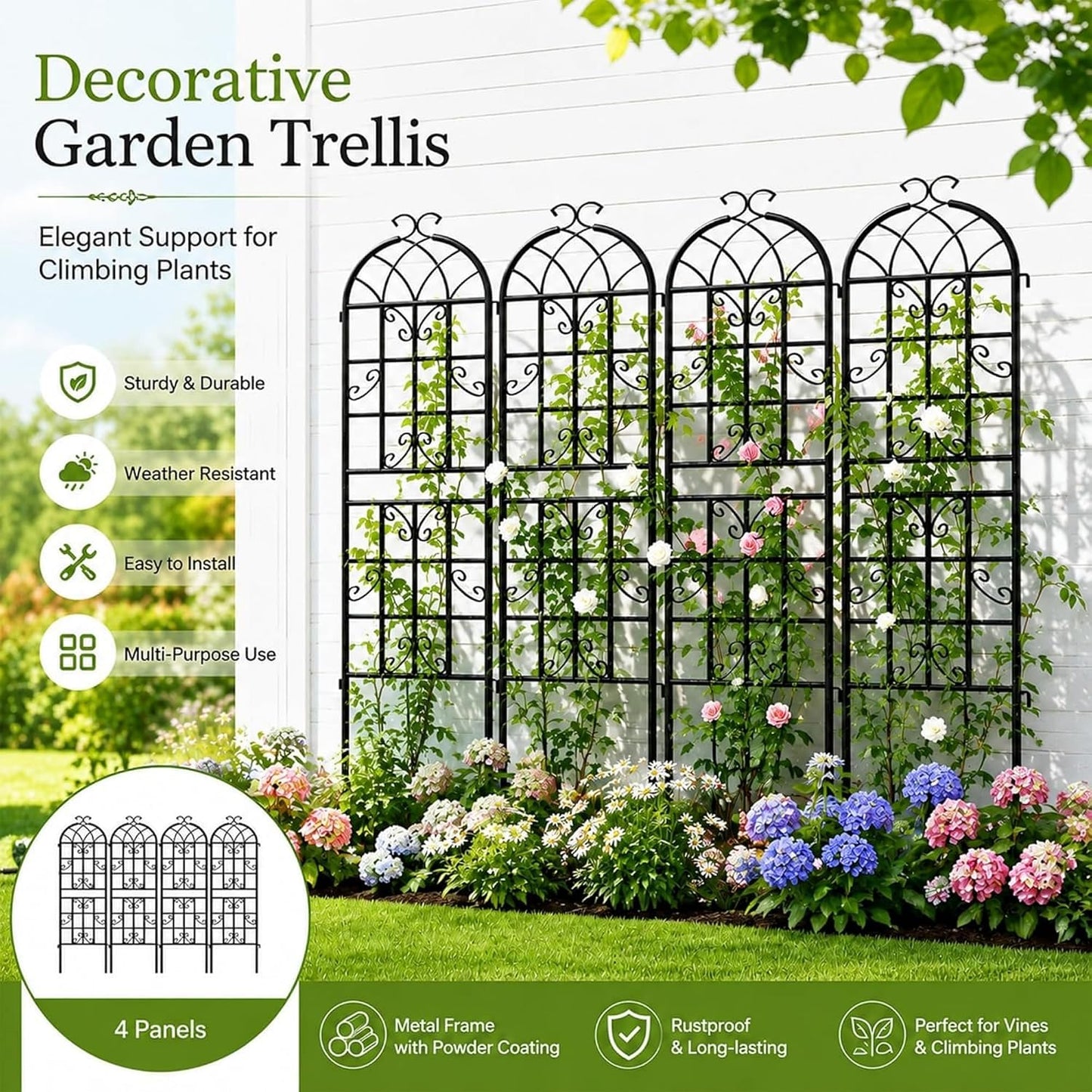 2-Pack 87" x 20" Daisy & Bird Arch Black Metal Garden Trellises