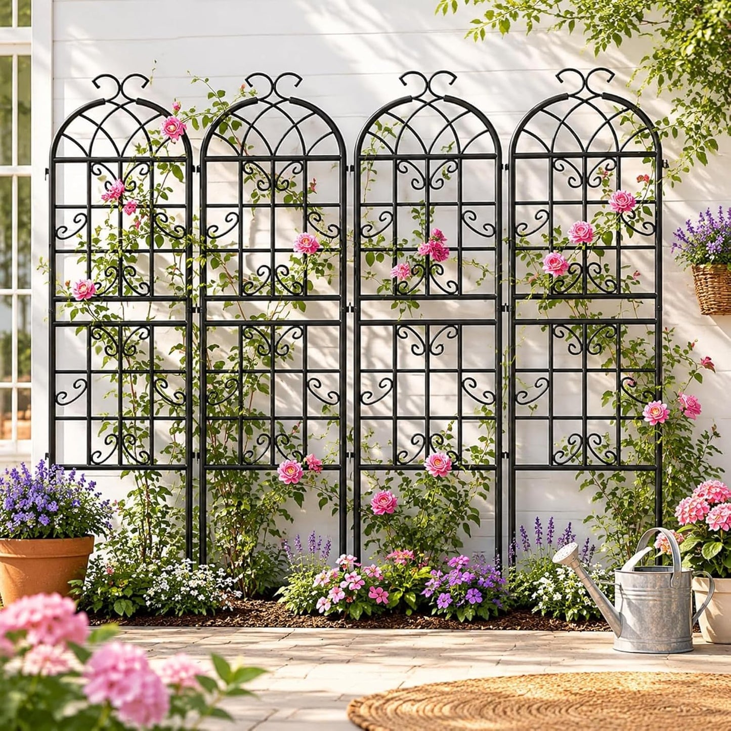2-Pack 87" x 20" Daisy & Bird Arch Black Metal Garden Trellises