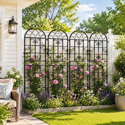 2-Pack 87" x 20" Daisy & Bird Arch Black Metal Garden Trellises