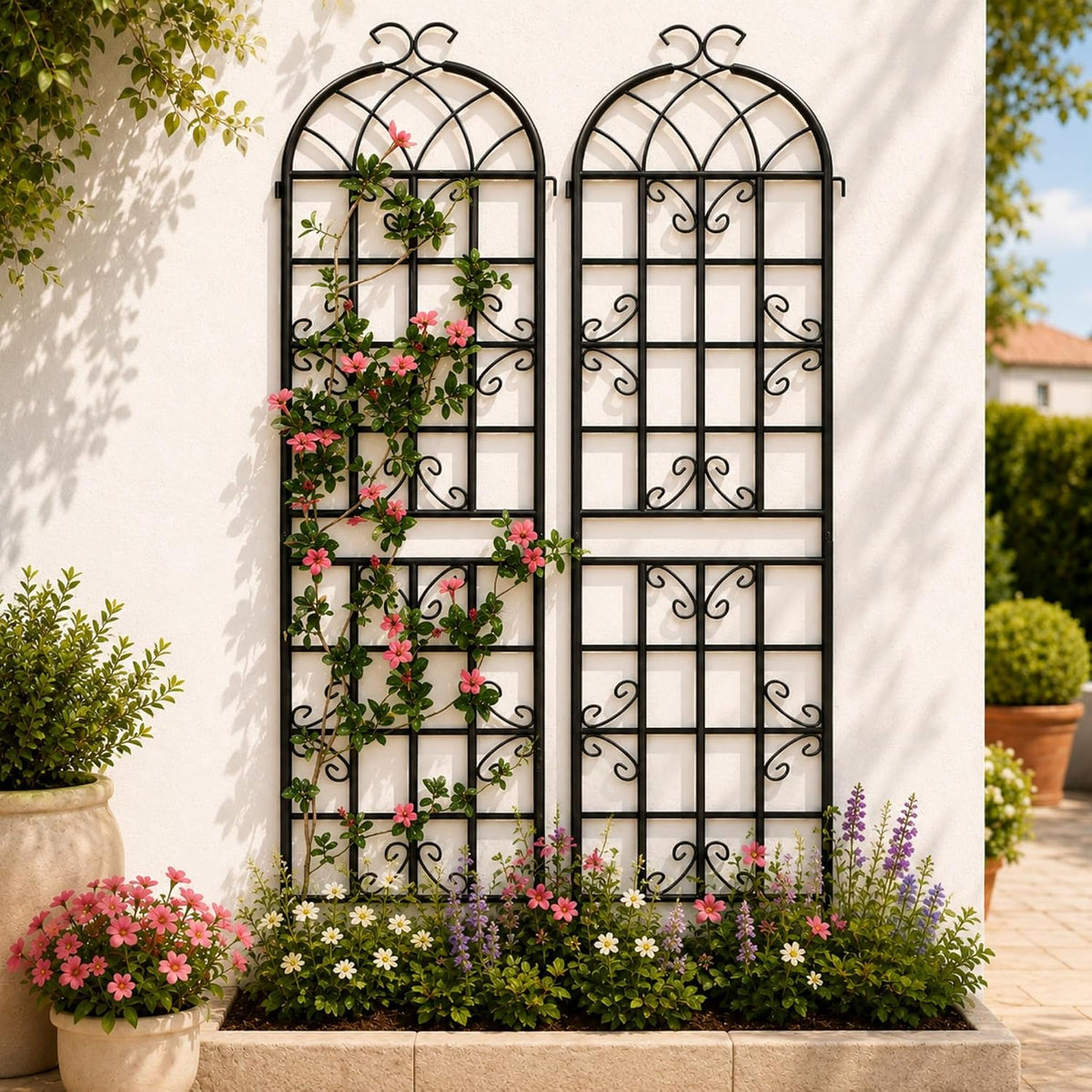 2-Pack 87" x 20" Daisy & Bird Arch Black Metal Garden Trellises
