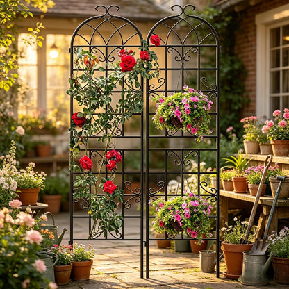 2-Pack 87" x 20" Daisy & Bird Arch Black Metal Garden Trellises
