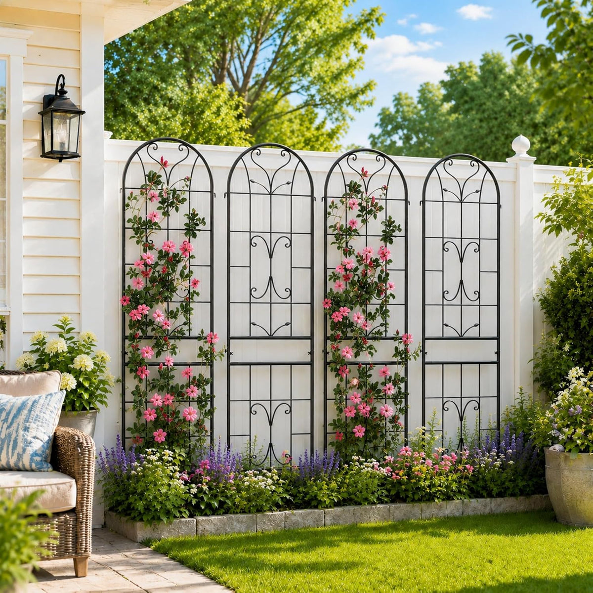 2-Pack 87" x 20" Daisy & Bird Arch Black Metal Garden Trellises