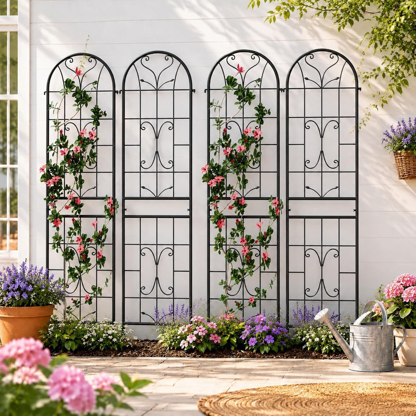 2-Pack 87" x 20" Daisy & Bird Arch Black Metal Garden Trellises