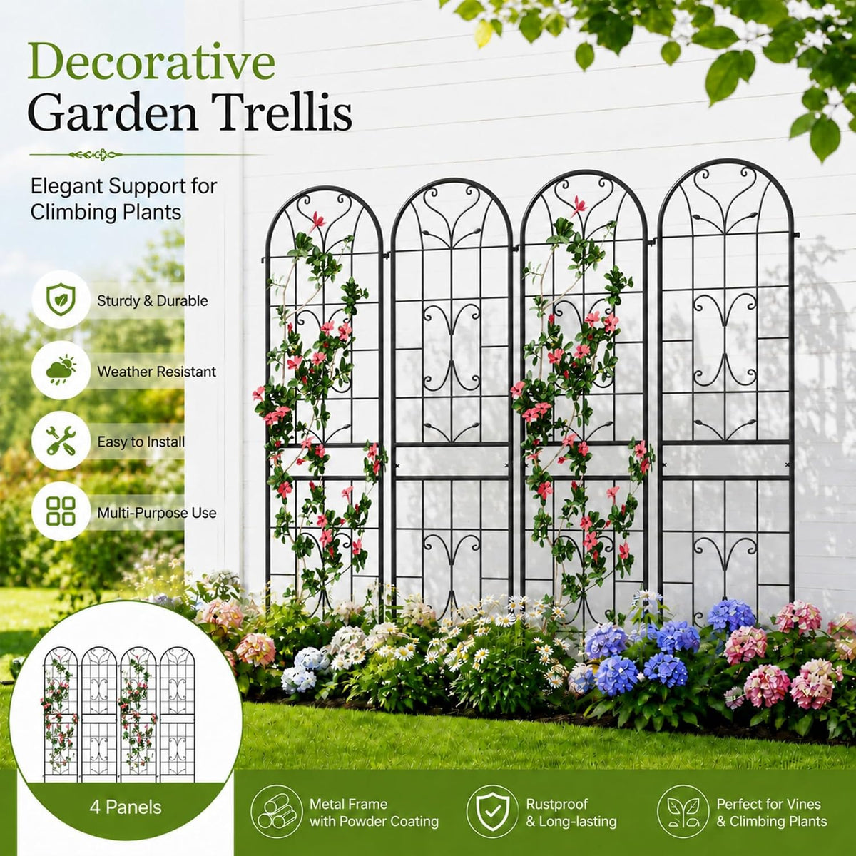 2-Pack 87" x 20" Daisy & Bird Arch Black Metal Garden Trellises