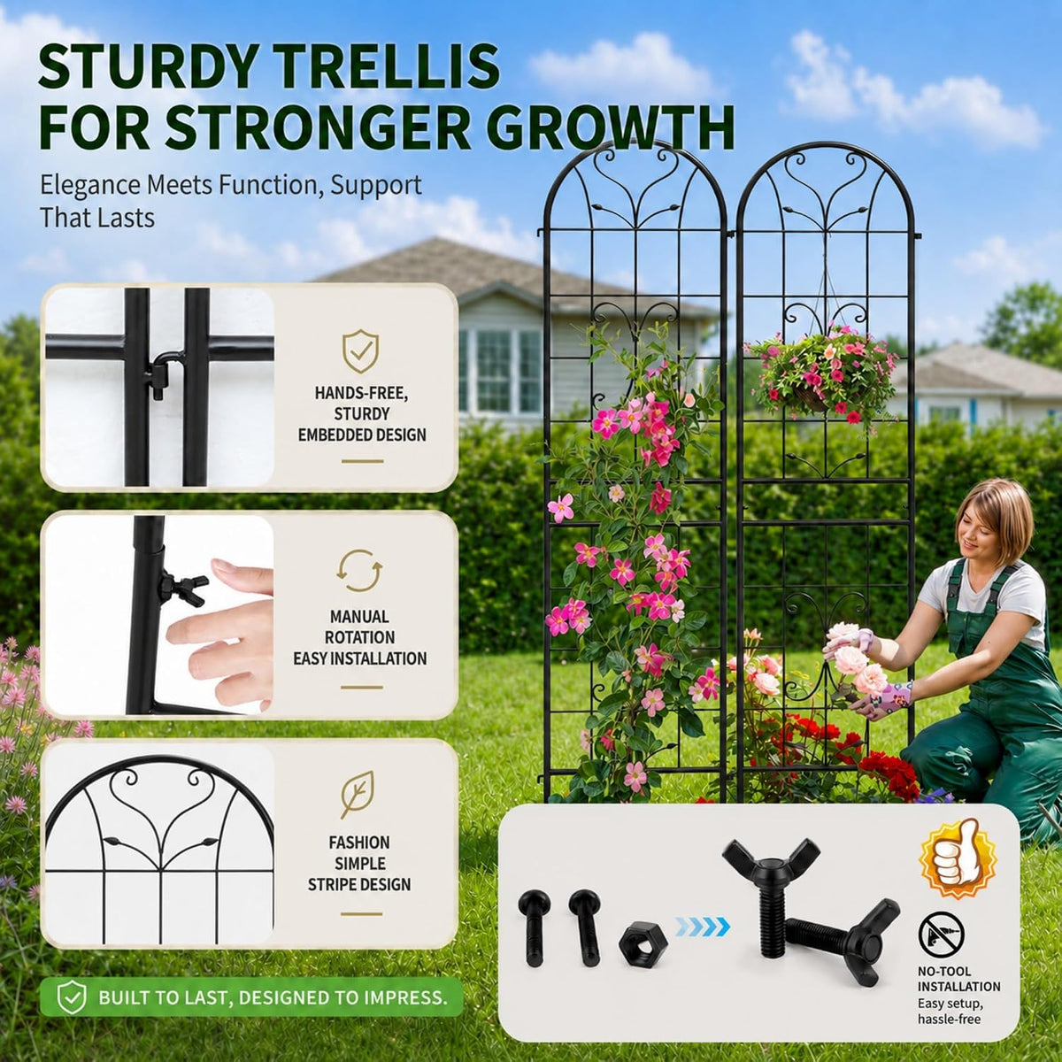 2-Pack 87" x 20" Daisy & Bird Arch Black Metal Garden Trellises