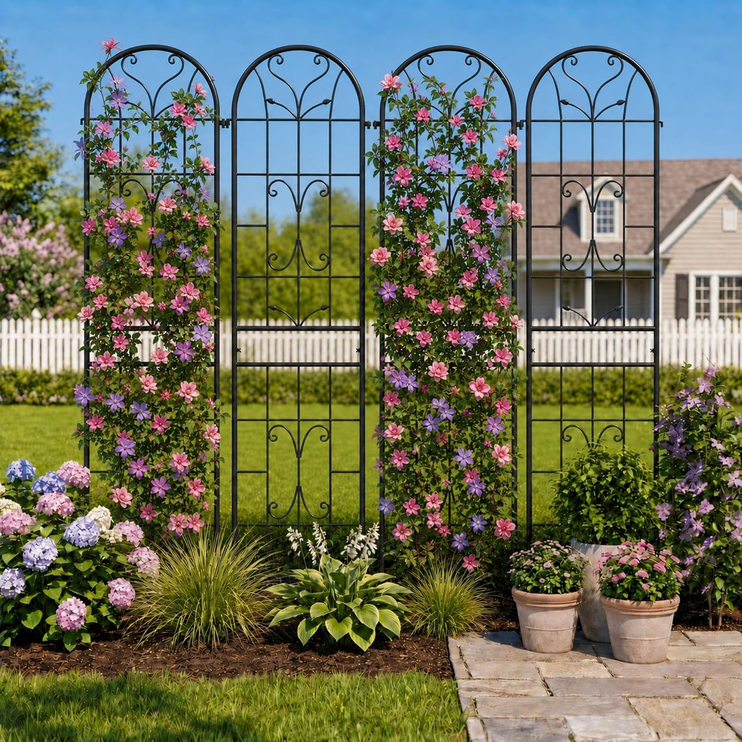 2-Pack 87" x 20" Daisy & Bird Arch Black Metal Garden Trellises