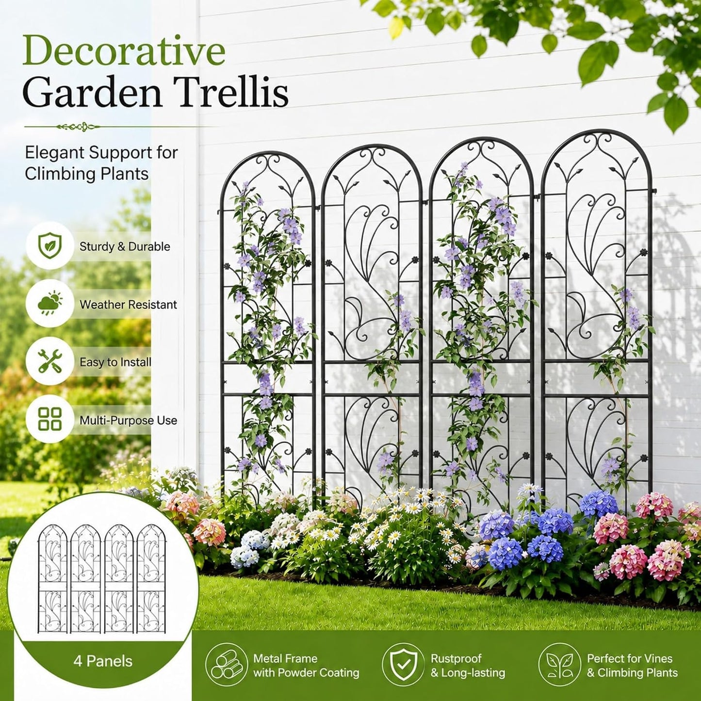 2-Pack 87" x 20" Daisy & Bird Arch Black Metal Garden Trellises