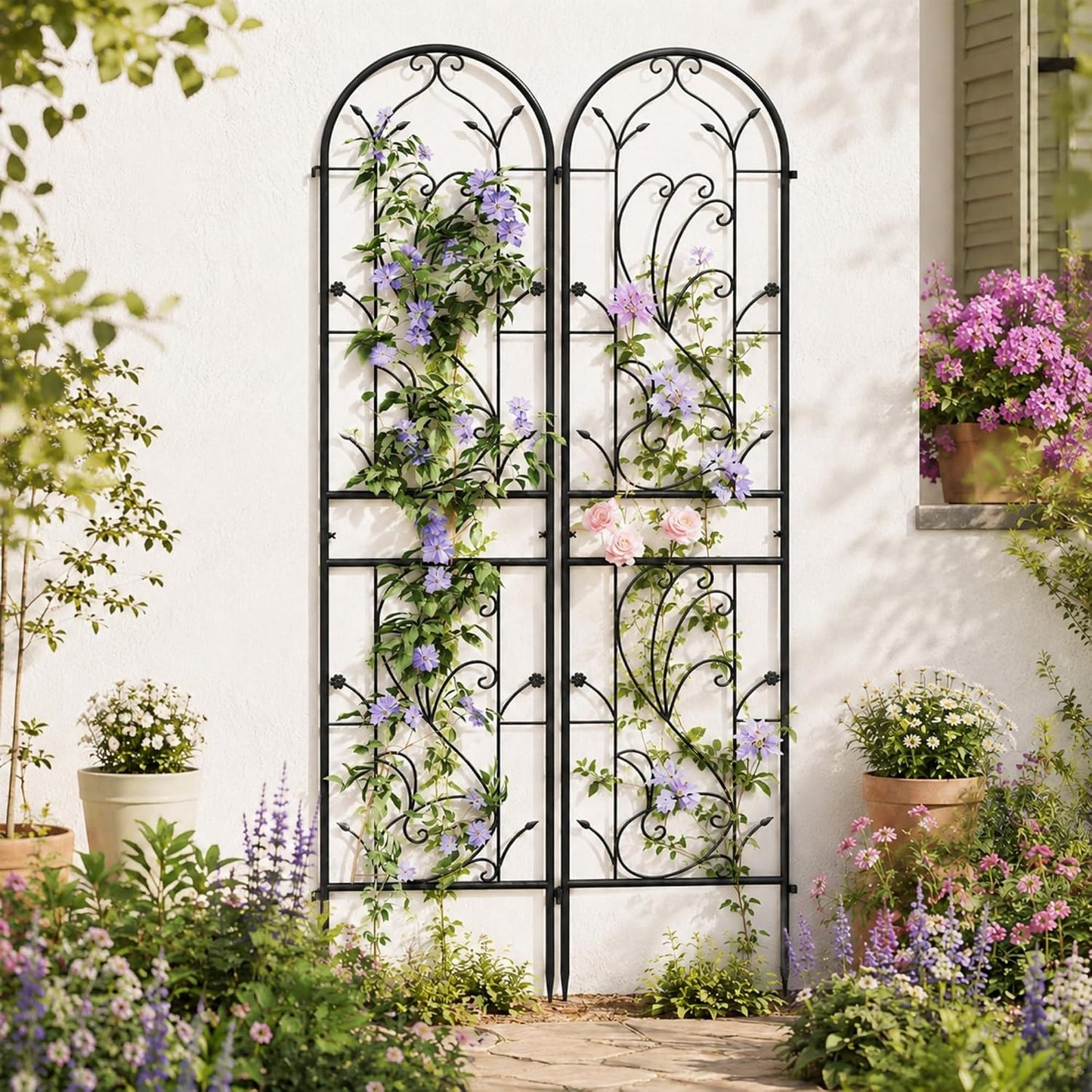 2-Pack 87" x 20" Daisy & Bird Arch Black Metal Garden Trellises