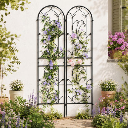 2-Pack 87" x 20" Daisy & Bird Arch Black Metal Garden Trellises
