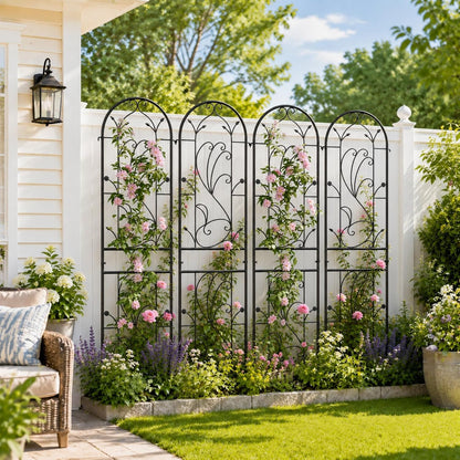 2-Pack 87" x 20" Daisy & Bird Arch Black Metal Garden Trellises
