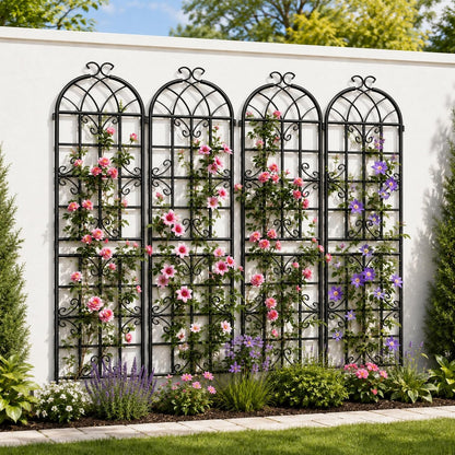 2-Pack 87" x 20" Daisy & Bird Arch Black Metal Garden Trellises