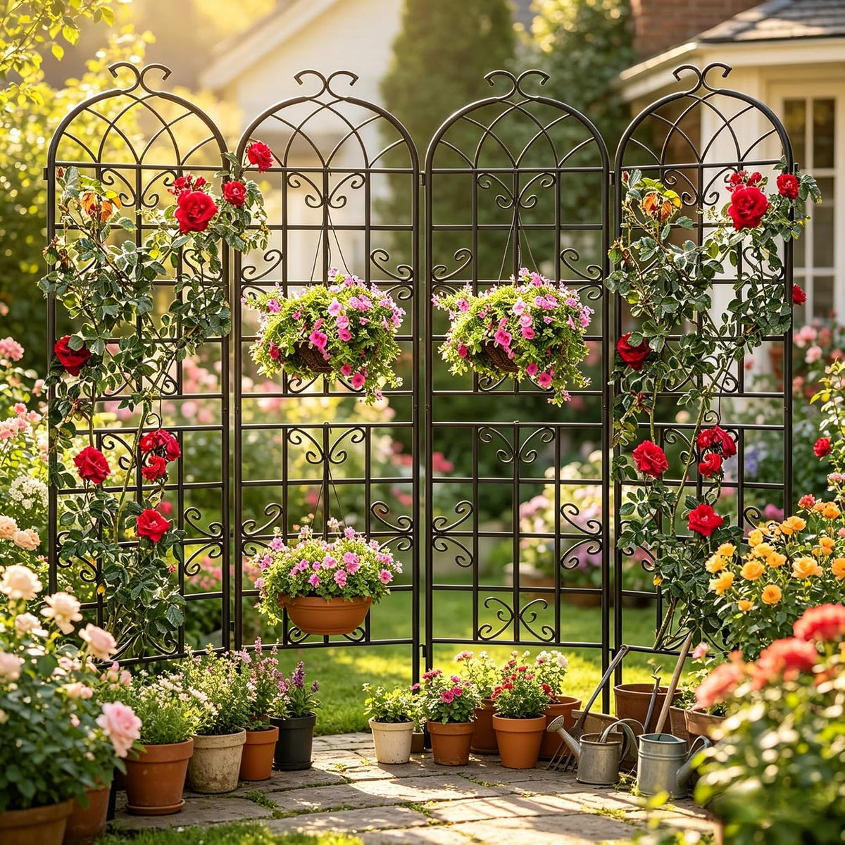 2-Pack 87" x 20" Daisy & Bird Arch Black Metal Garden Trellises