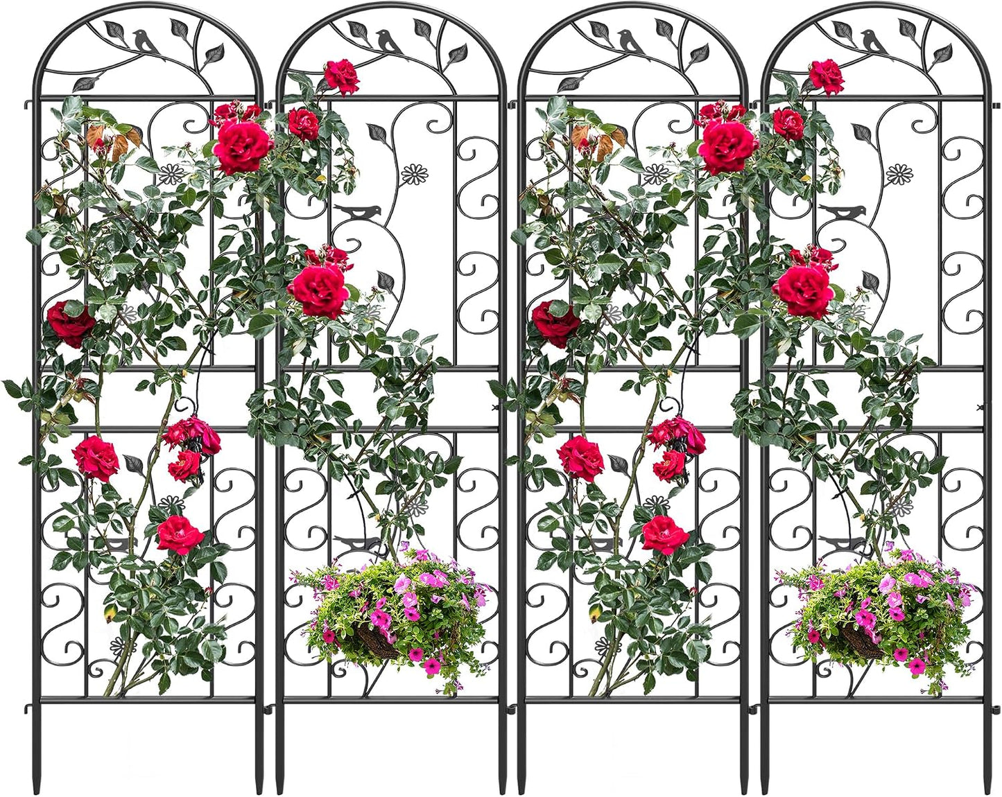 2-Pack 87" x 20" Daisy & Bird Arch Black Metal Garden Trellises