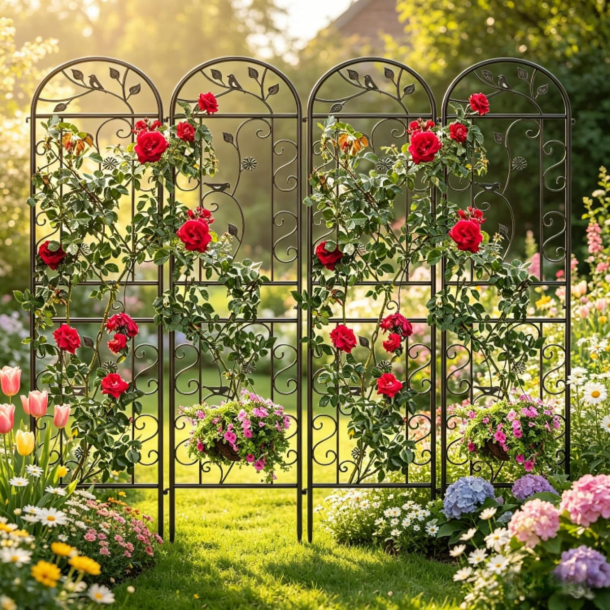 2-Pack 87" x 20" Daisy & Bird Arch Black Metal Garden Trellises