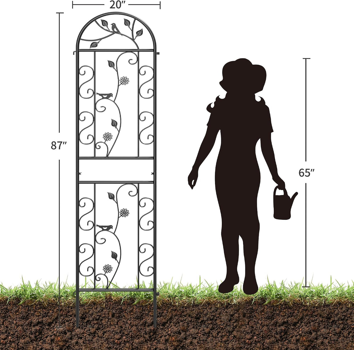 2-Pack 87" x 20" Daisy & Bird Arch Black Metal Garden Trellises