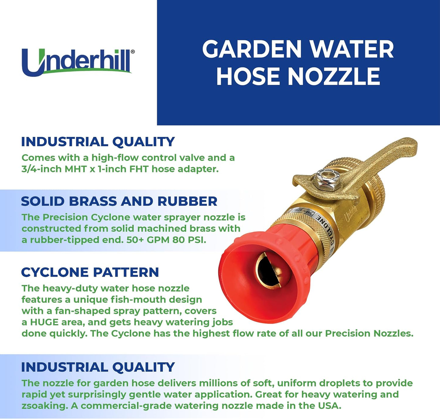 Precision Cyclone Garden Water Hose Nozzle with High Flow Control Valve, 50+ GPM 80 PSI, 3/4-Inch MHT by 1-Inch FHT Adapter, HN5000CV