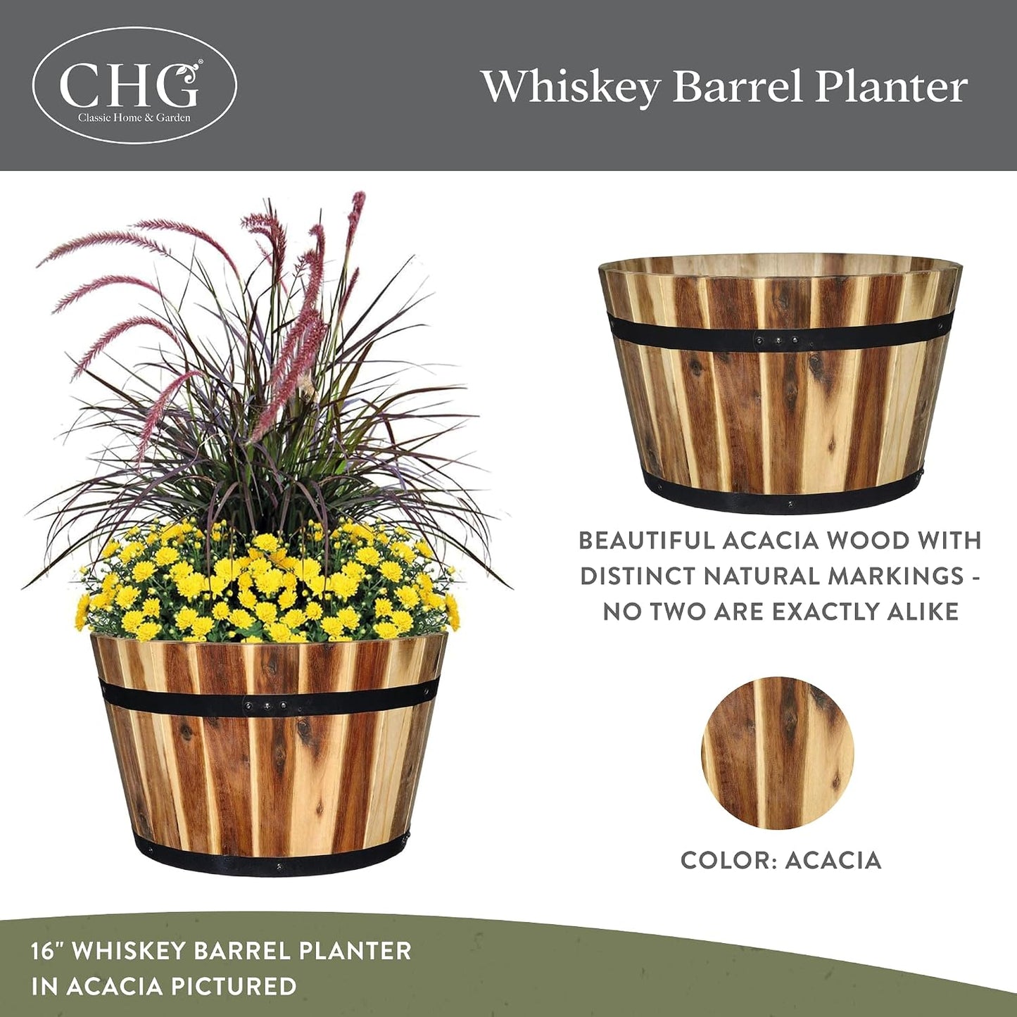 Whiskey Barrel Planter, Wooden Garden Pot, 16" Acacia